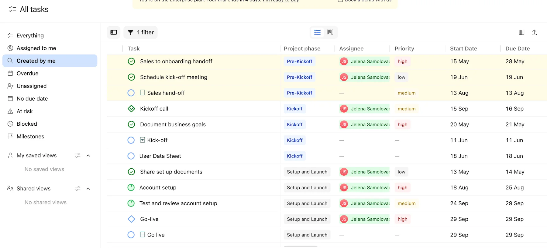 Task list in Rocketlane