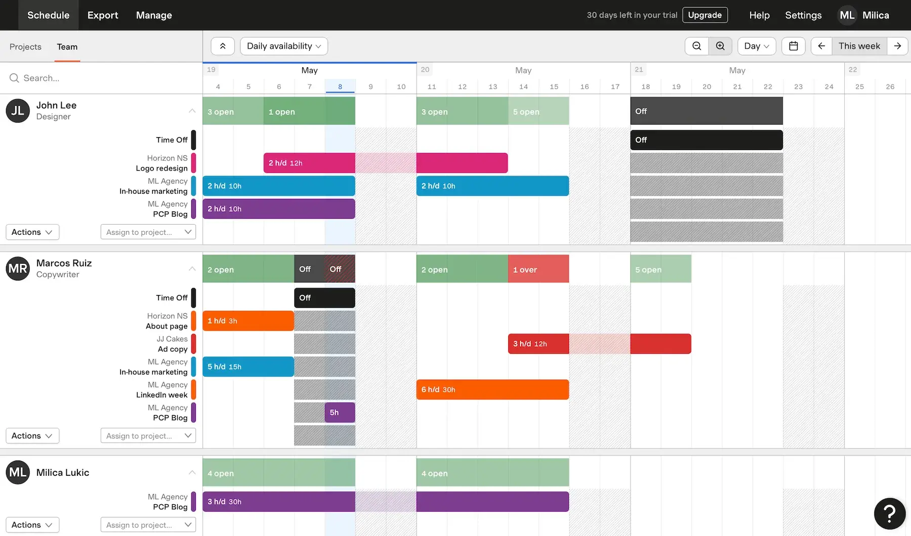 Team schedule in Forecast