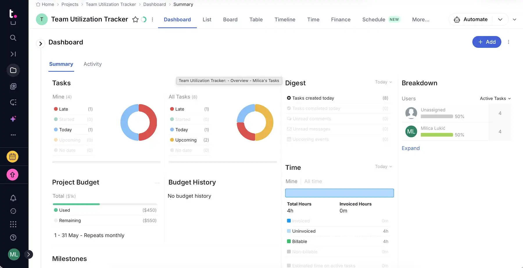 Team utilization tracker in Teamwork.com