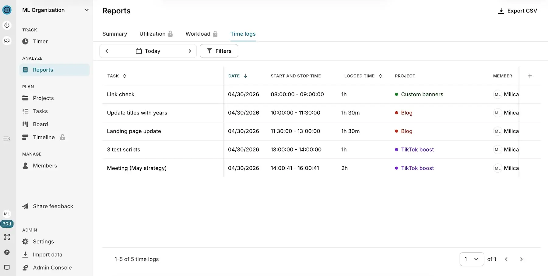 Time logs in Toggl Focus