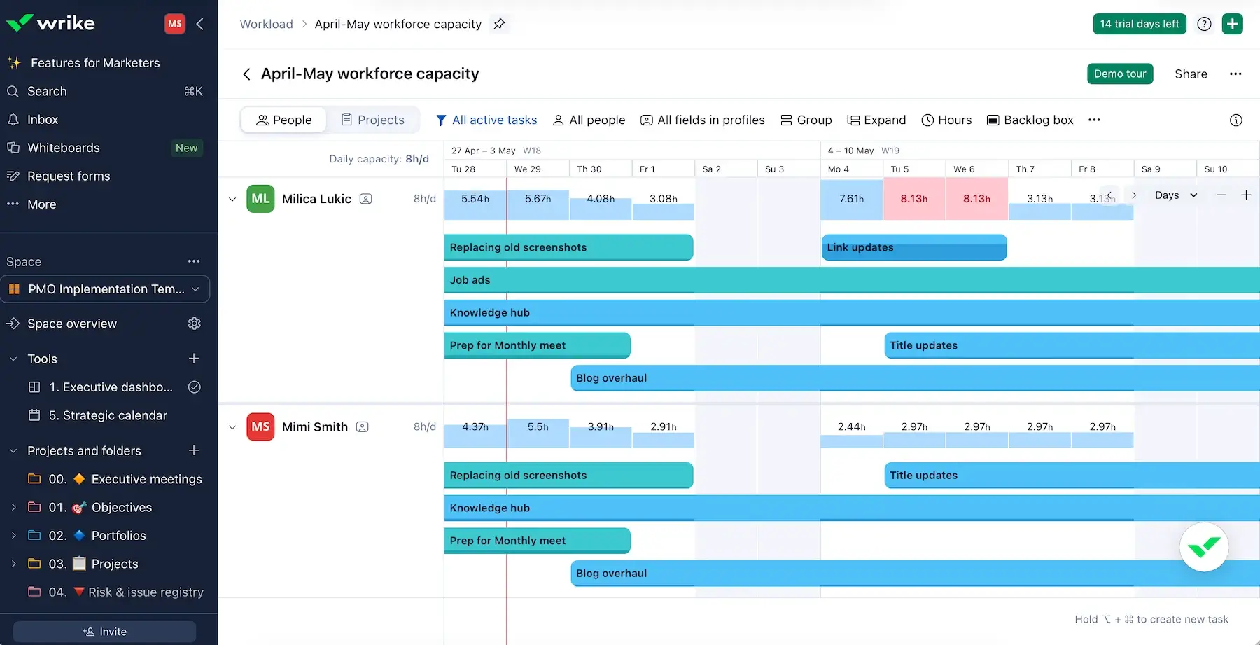 Workforce capacity overview in Wrike