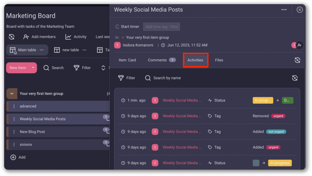 Activity Log Plaky Help