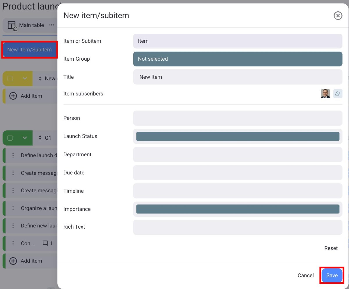 Create item or subitem