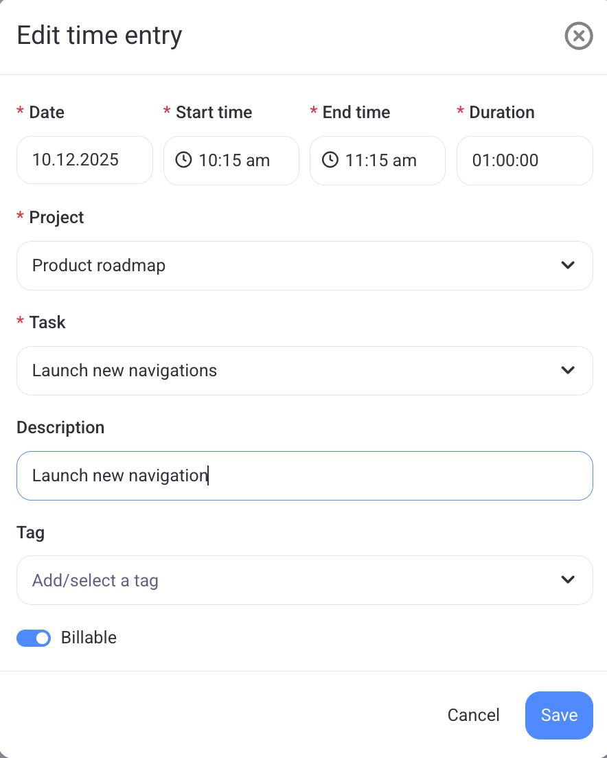 Edit time entry modal