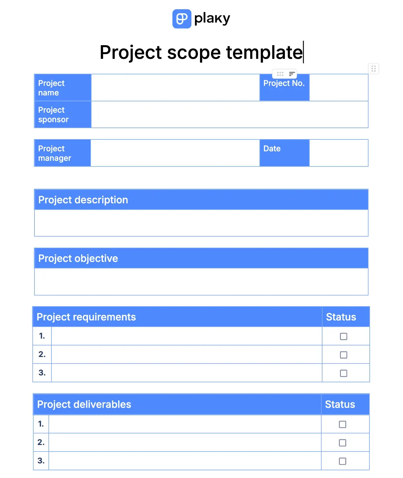 Project Scope template by Plaky