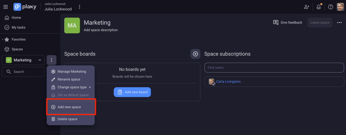 Adding a new space in Plaky