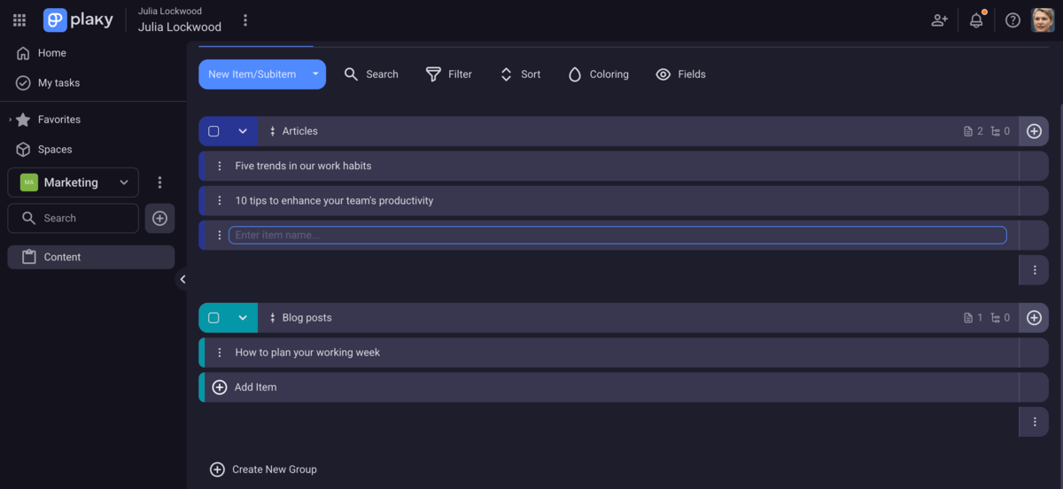 Adding items to groups in Plaky