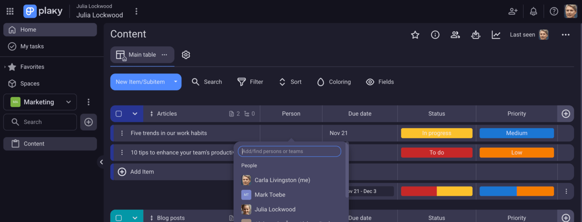 Choosing assignees for tasks in Plaky