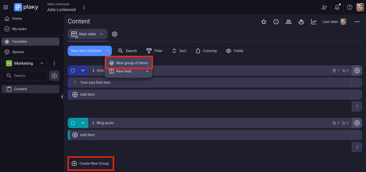 Creating item groups in Plaky