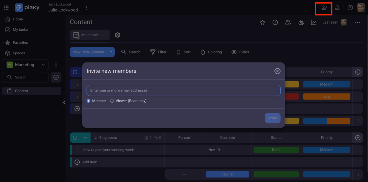 Inviting a new member to a board in Plaky