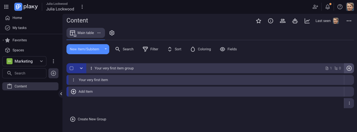 A board with the default item group in Plaky