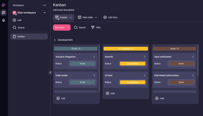Example of a Kanban board in Plaky (project management software)