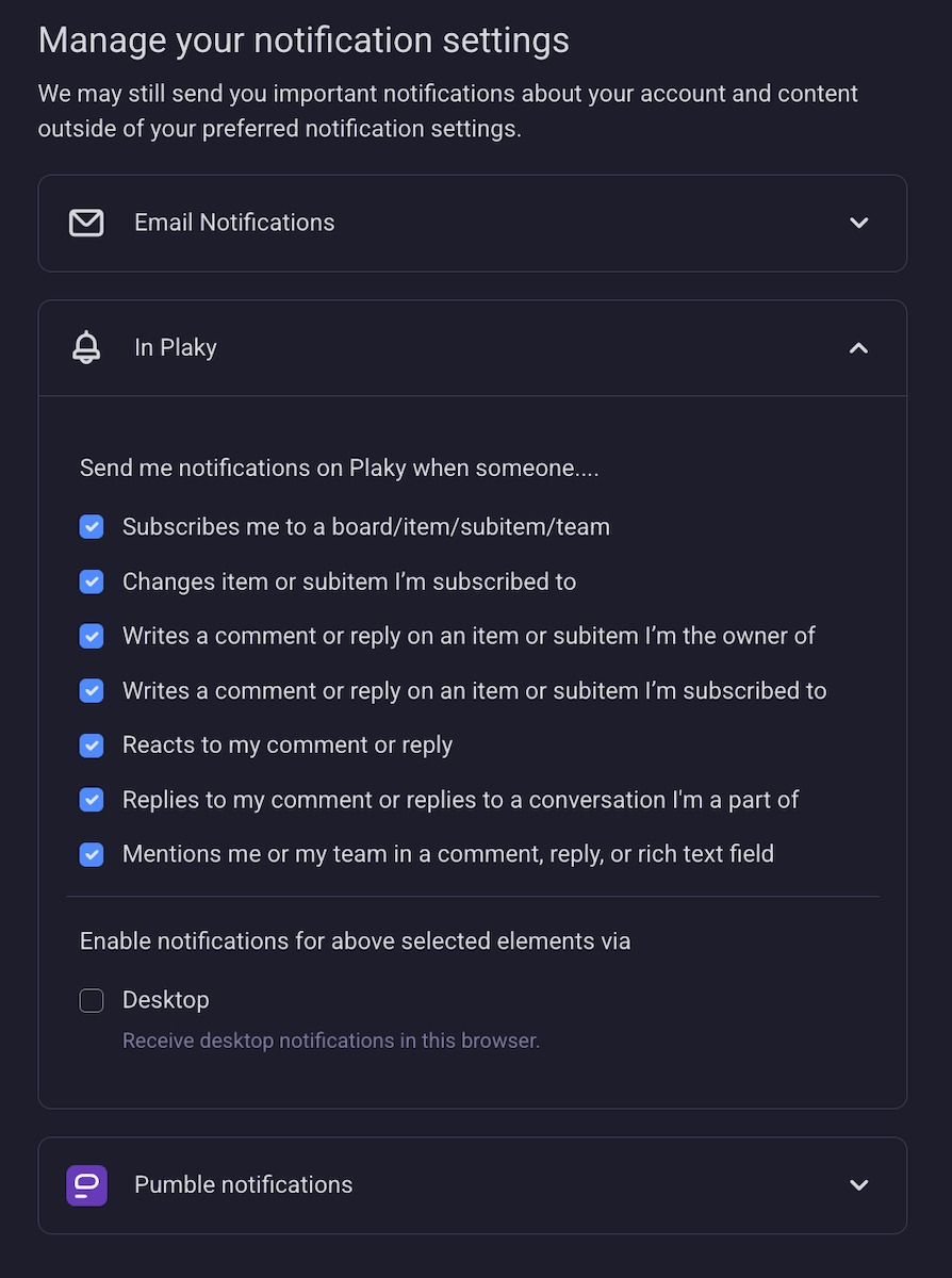 Setting notifications in Plaky