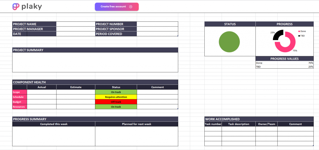 Project status report template preview — Microsoft Excel