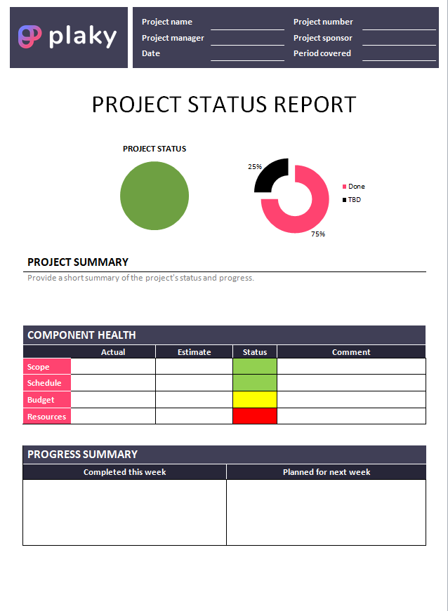 Project status report template preview — Microsoft Word