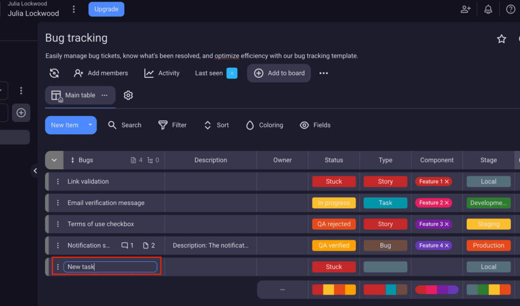 Creating a new task in Plaky project management software