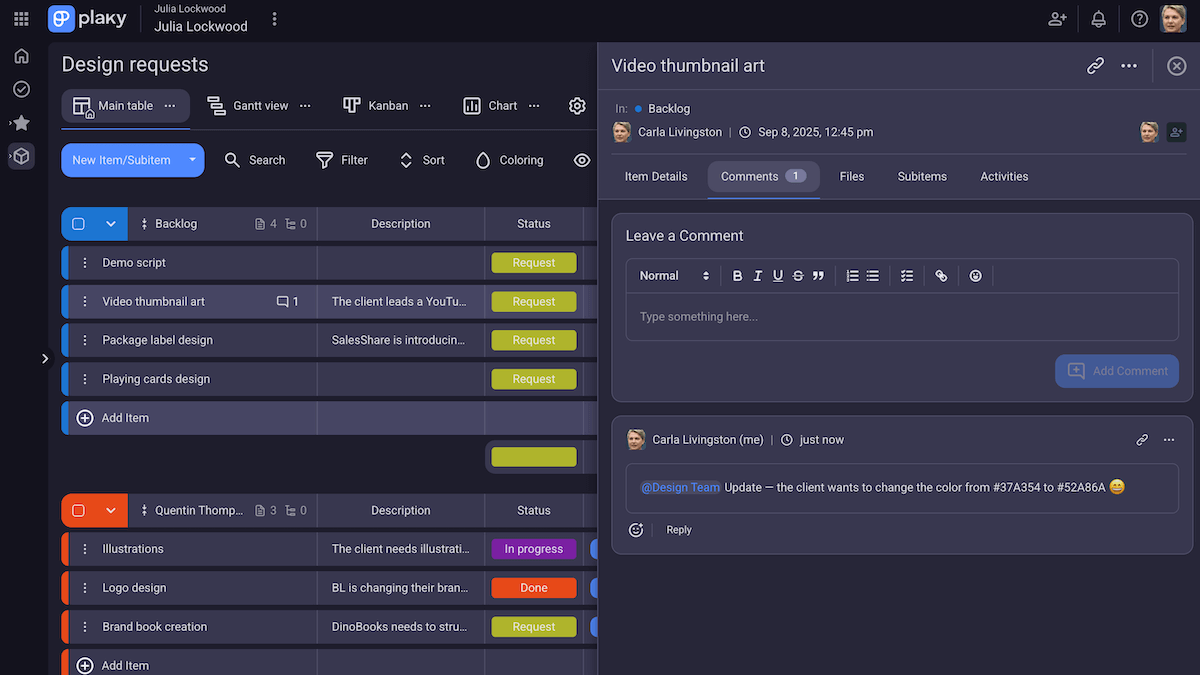 Comments and @mentions in Plaky