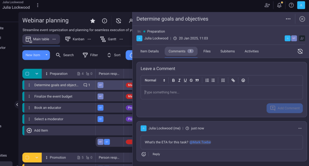 Comments in Plaky project management software