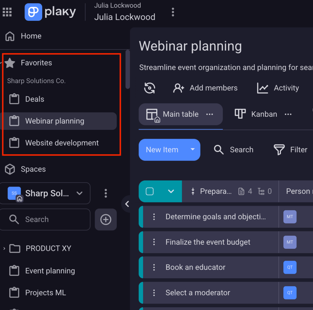 Favorites in Plaky project management software
