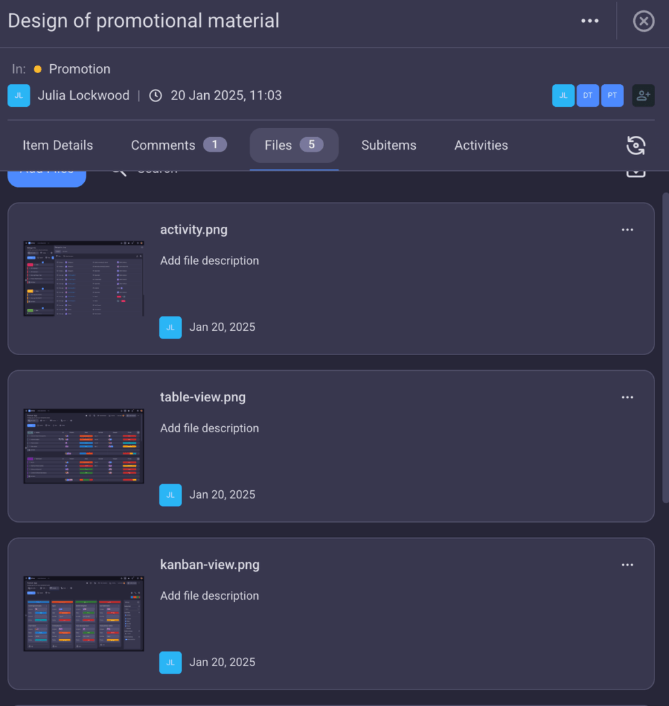 Files tab in Plaky project management software