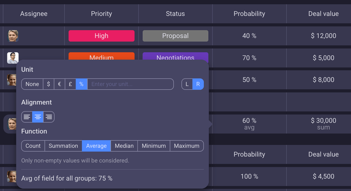 Summary row in Plaky