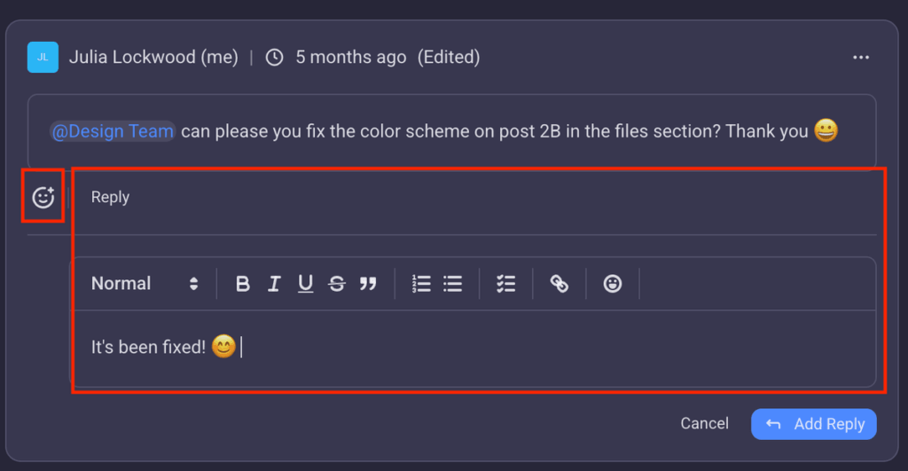 Threads and comment reactions in Plaky project management software