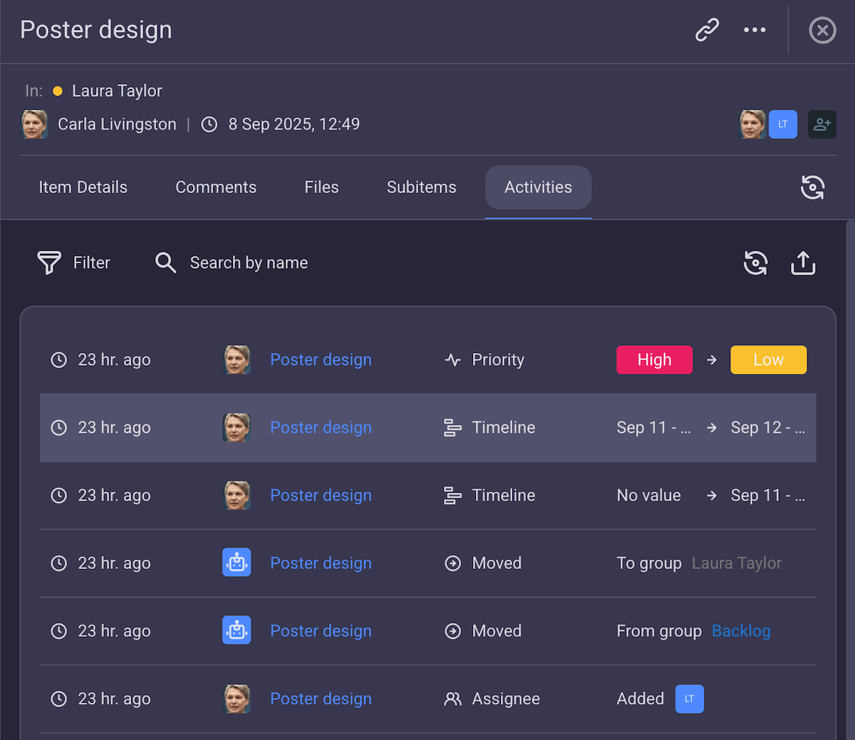Activity log in Plaky