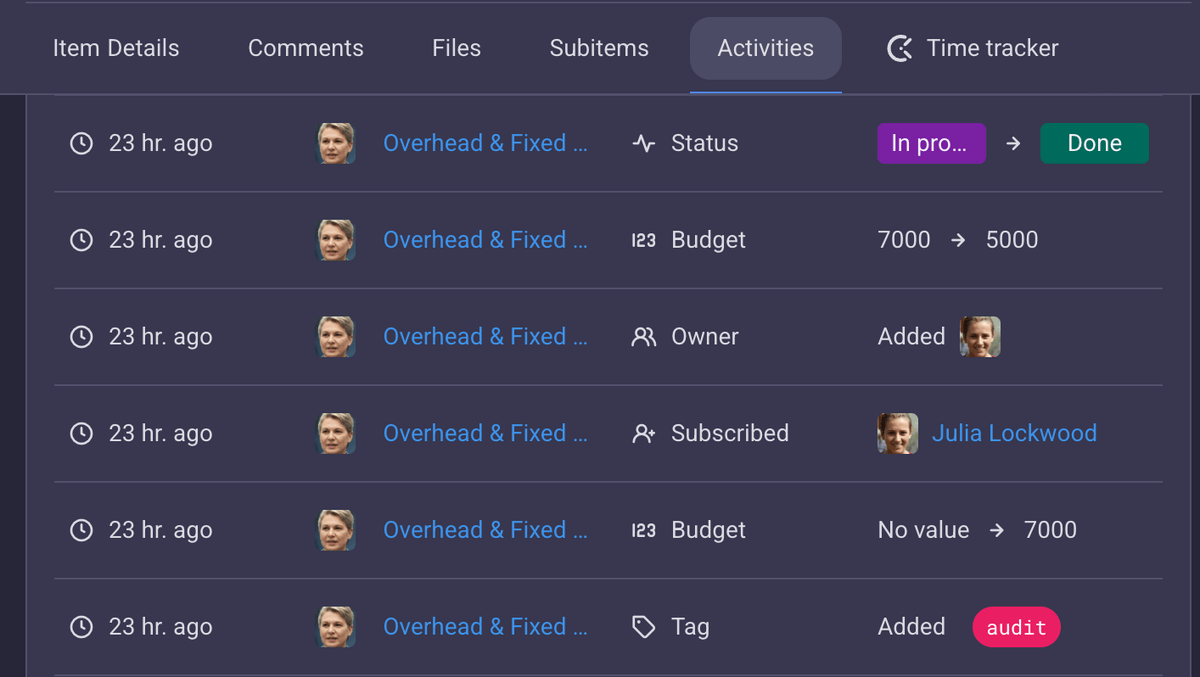 Activity log in Plaky
