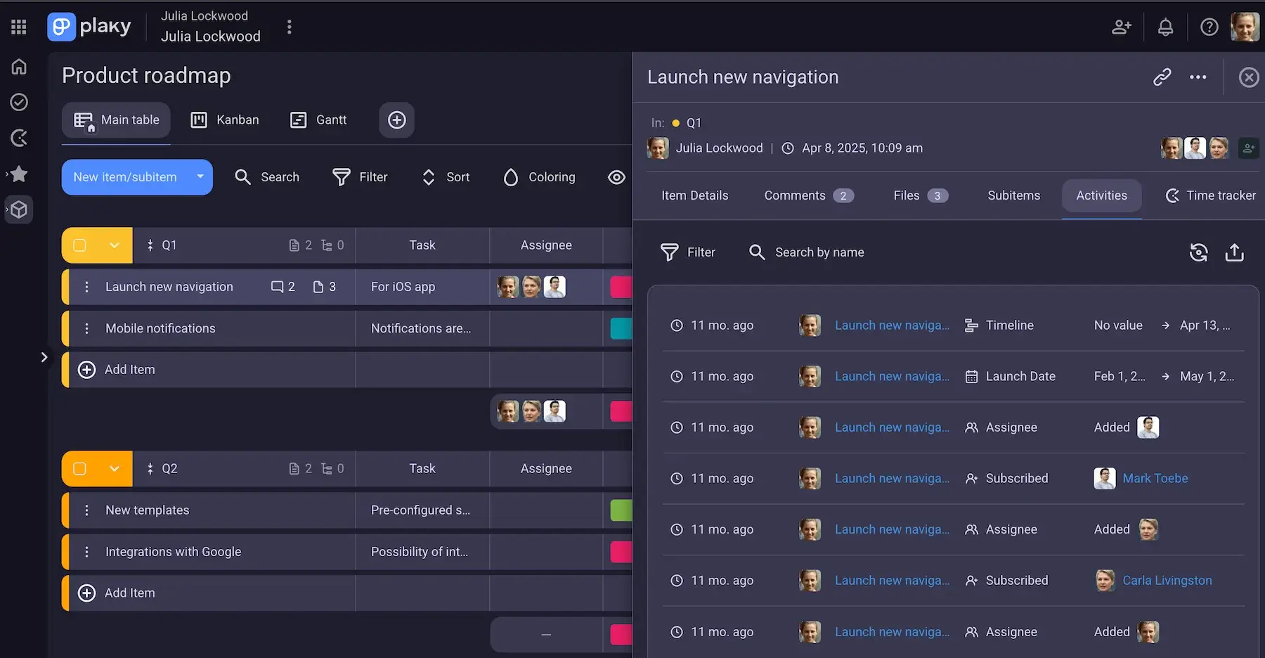 Activity log in Plaky