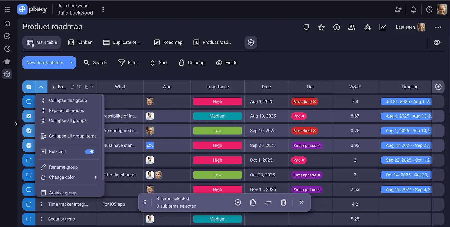 Bulk actions in Plaky