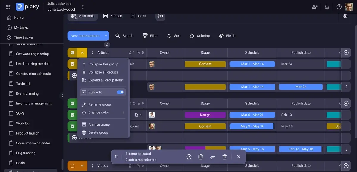 Bulk actions in Plaky