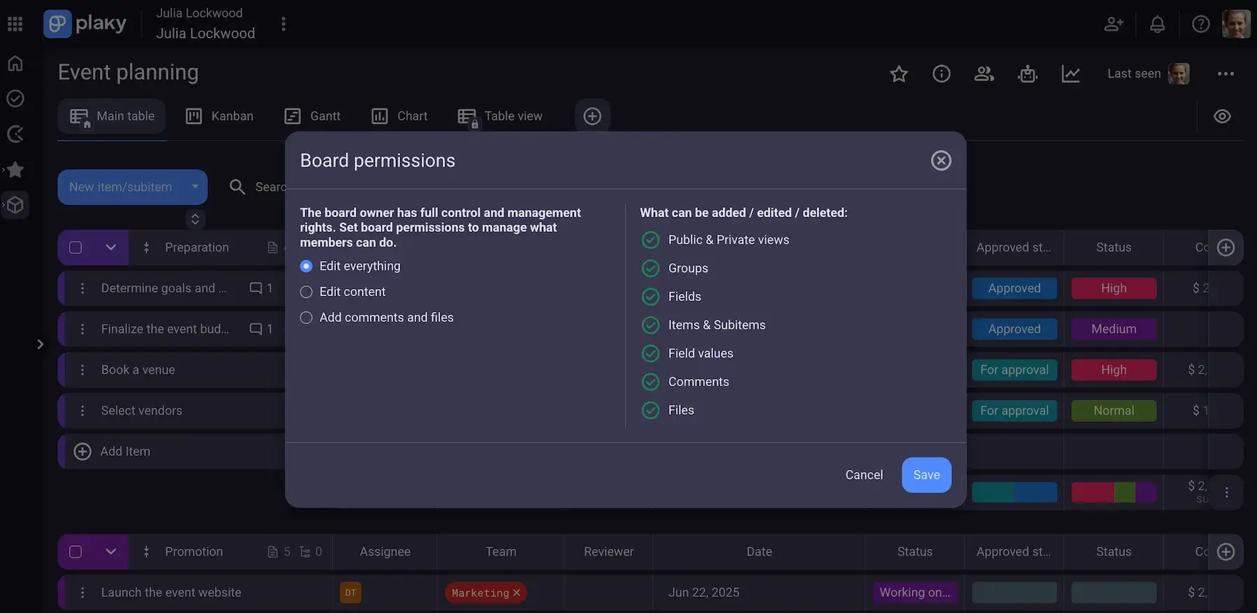 Different permissions in Plaky