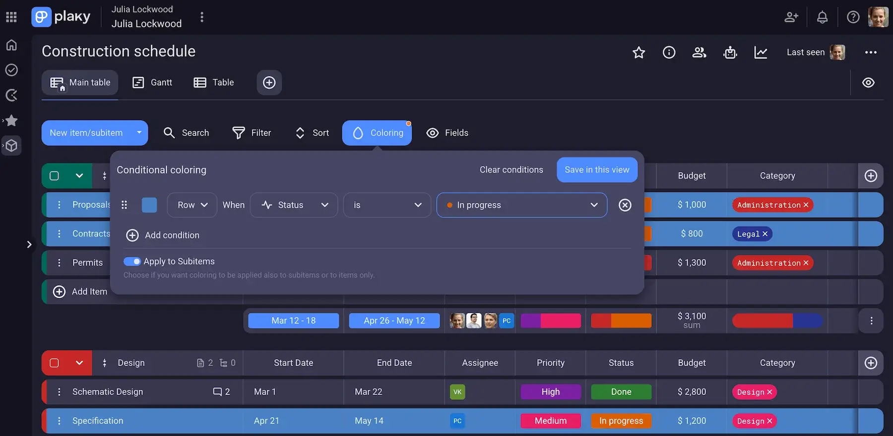 Conditional coloring in Plaky