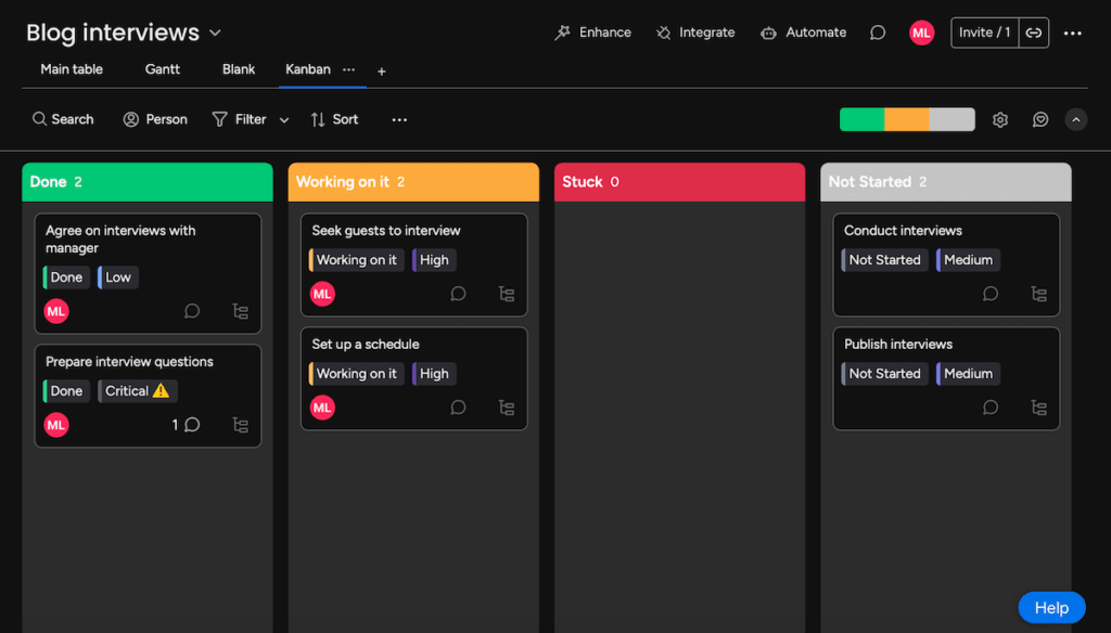 Kanban view in monday.com