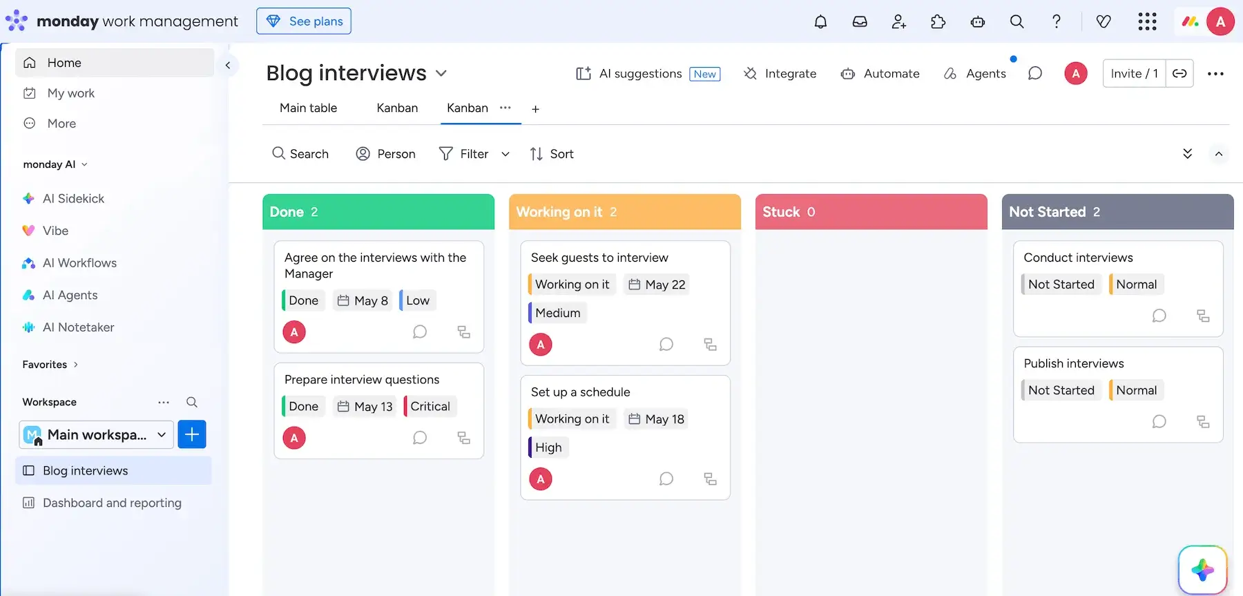 Vista Kanban en monday.com