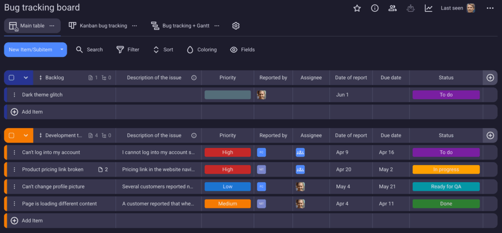 Bug tracking board in Plaky