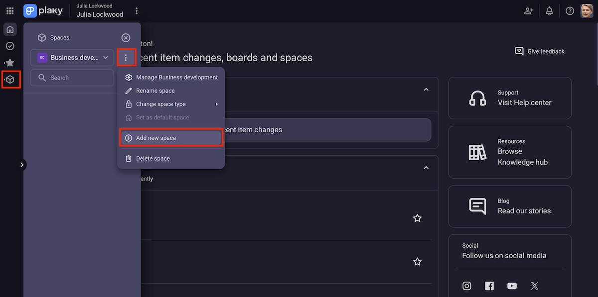 Adding a new space in Plaky