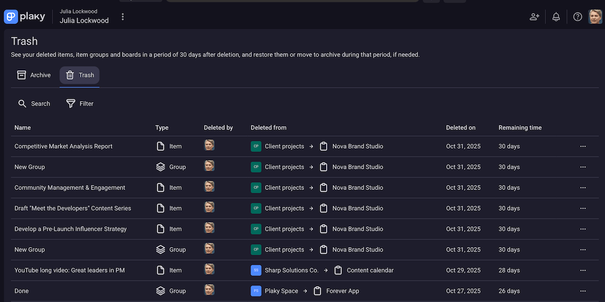 Trash section in Plaky