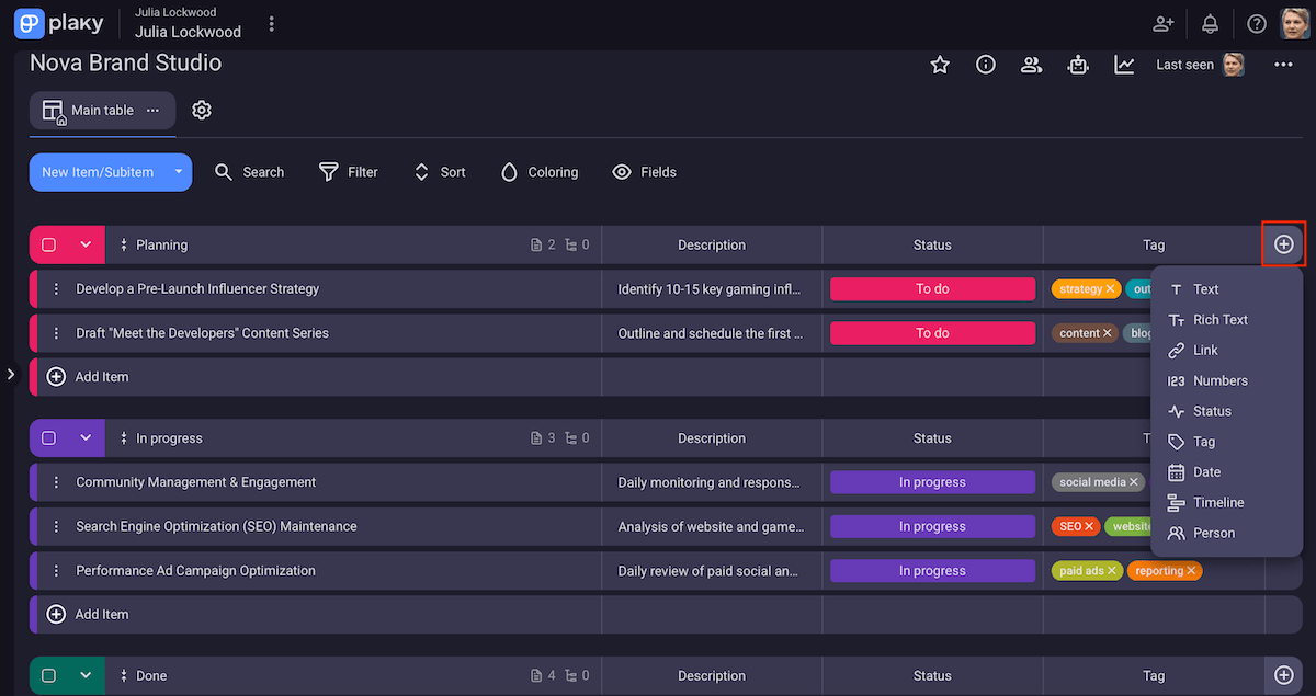Custom fields in Plaky