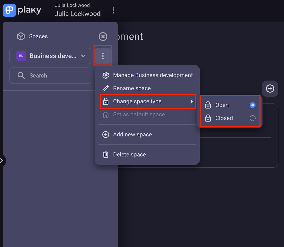 Changing the space type in Plaky