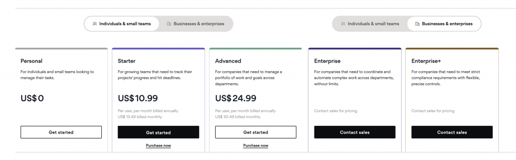 Asana pricing plans