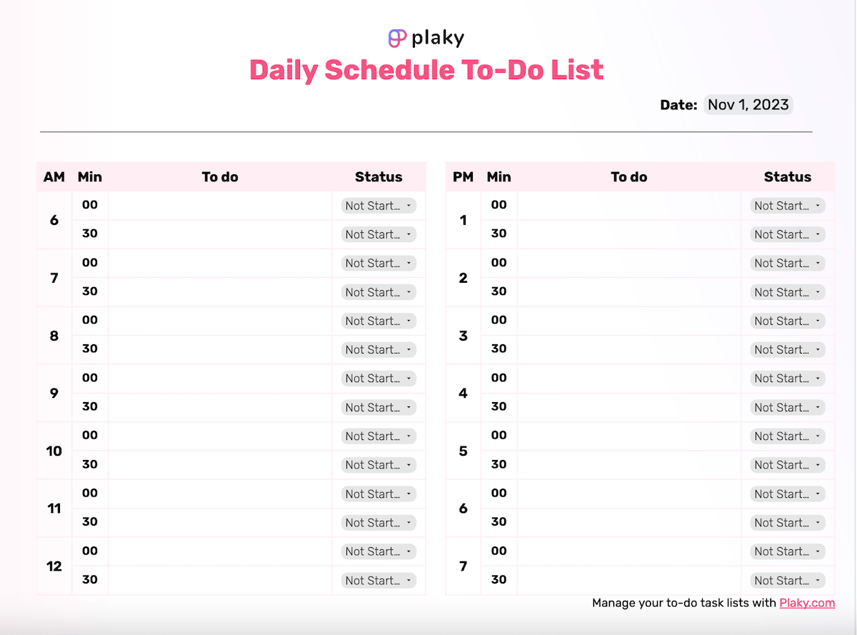 Daily schedule to-do list template