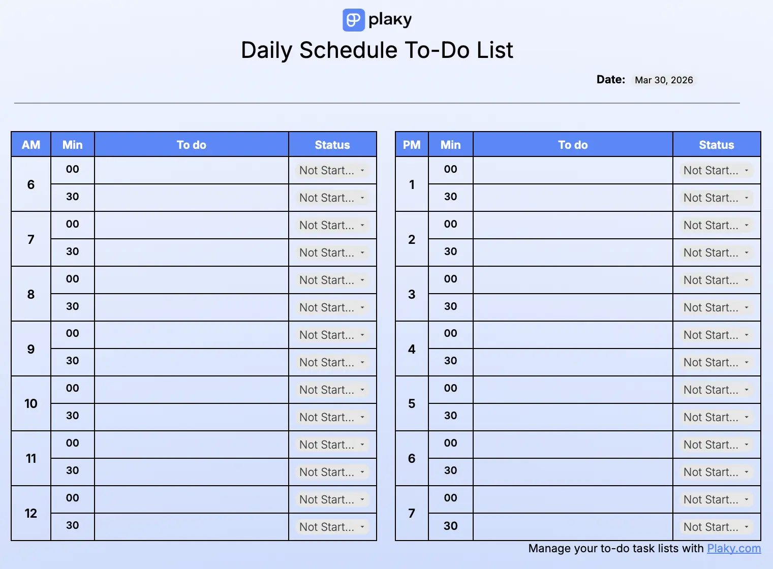 Daily schedule to-do list