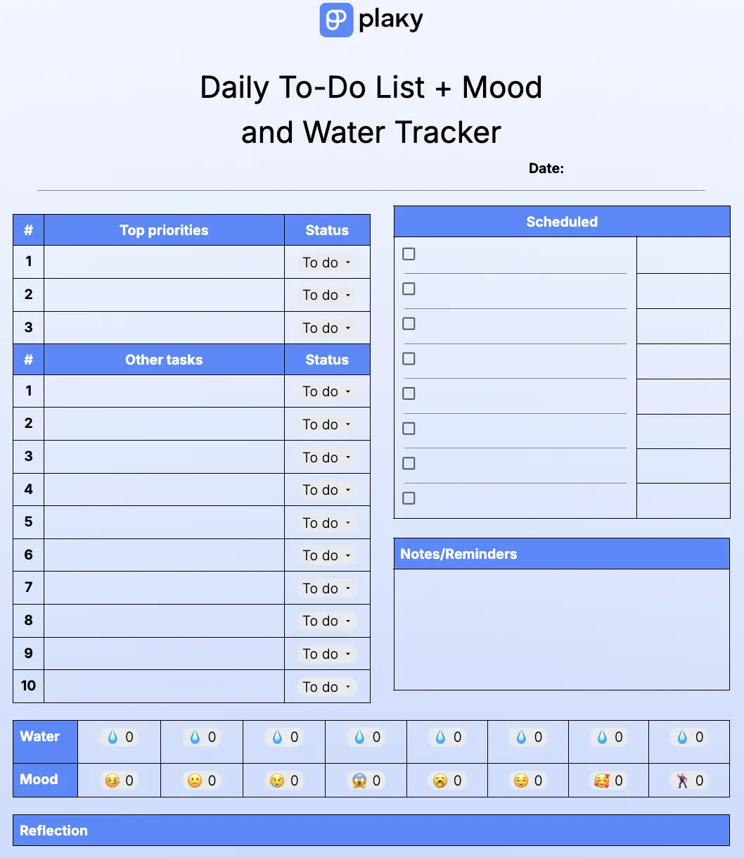 Daily to-do list and mood and water tracker