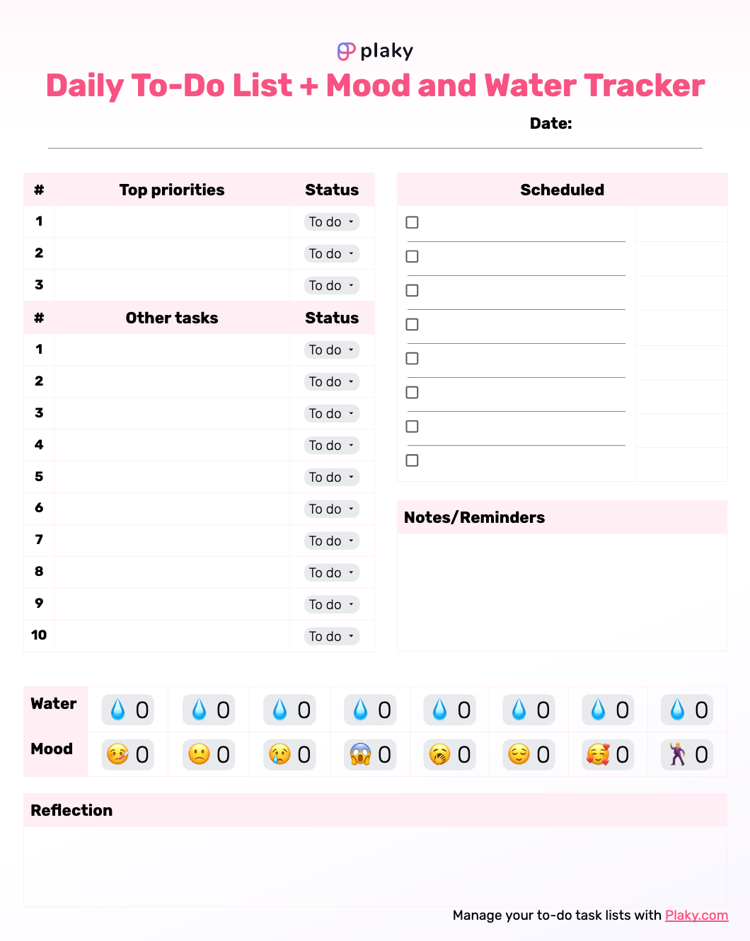 Daily to-do list template + mood and water tracker