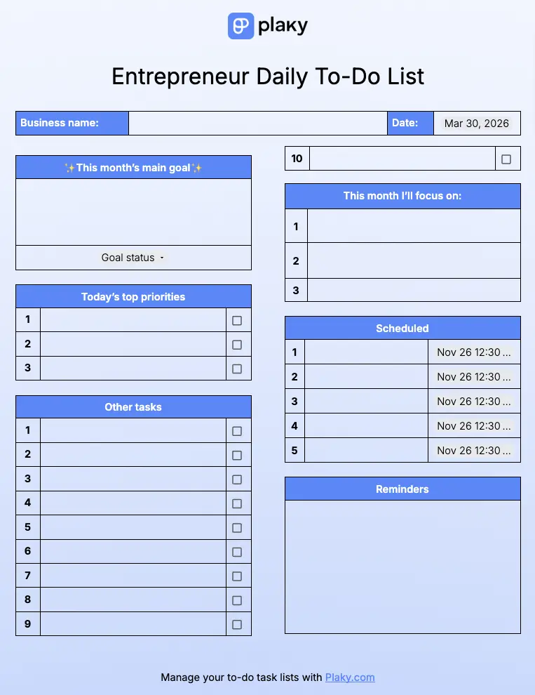 Entrepreneur daily to-do list template