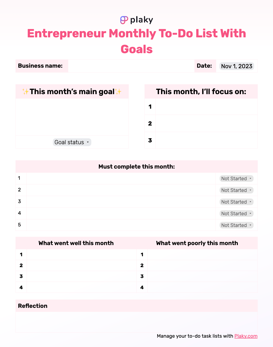 Entrepreneur monthly to-do list template with goals