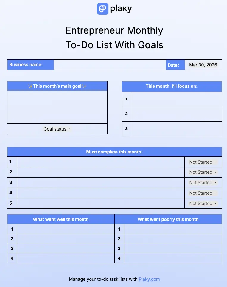 Entrepreneur monthly to-do list template with goals