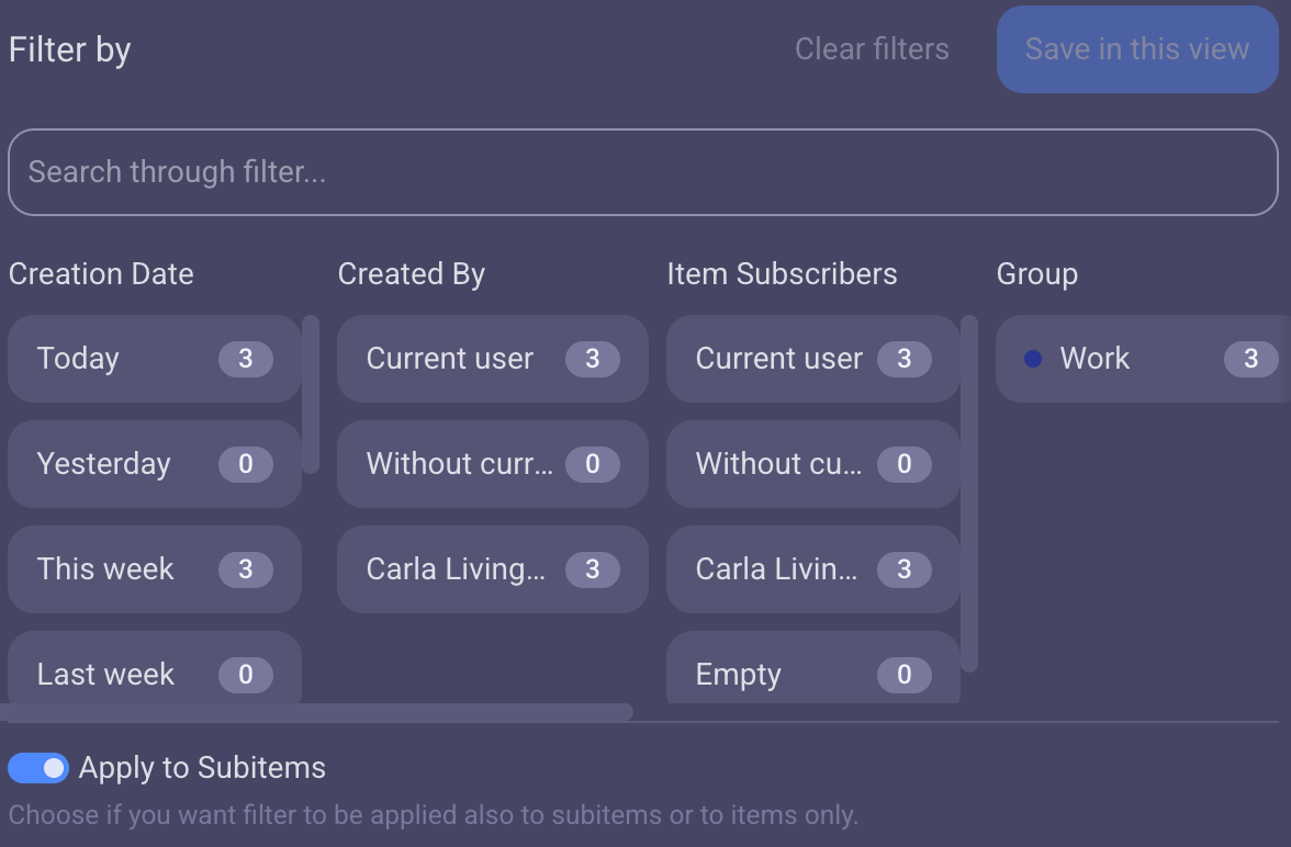 Filter option in Plaky