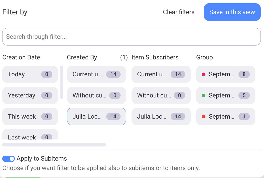 Filter options in Plaky project management software